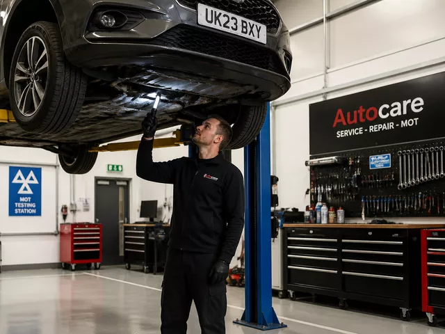 Certified automotive technician inspecting a vehicle on a service ramp in a modern UK garage