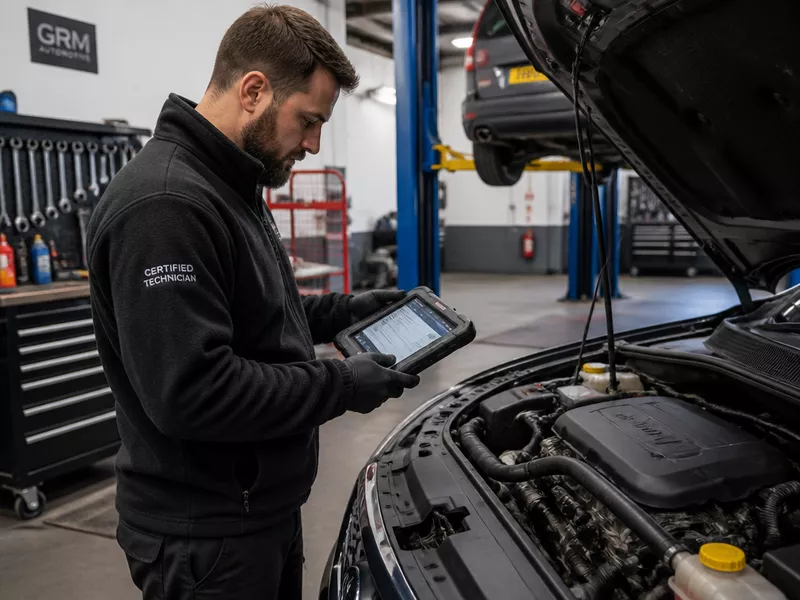 Automotive technician checking vehicle engine diagnostics in a modern UK workshop