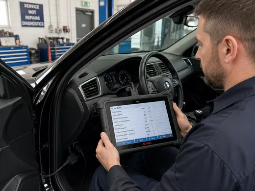 Automotive technician using a tablet diagnostic scanner to test vehicle electronic safety sensors