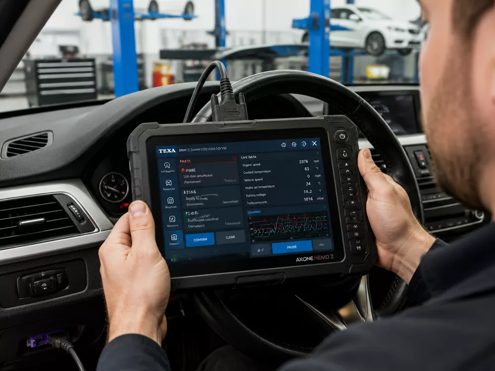 Vehicle technician running an OBD-II computer diagnostic fault check on a modern car in a UK workshop