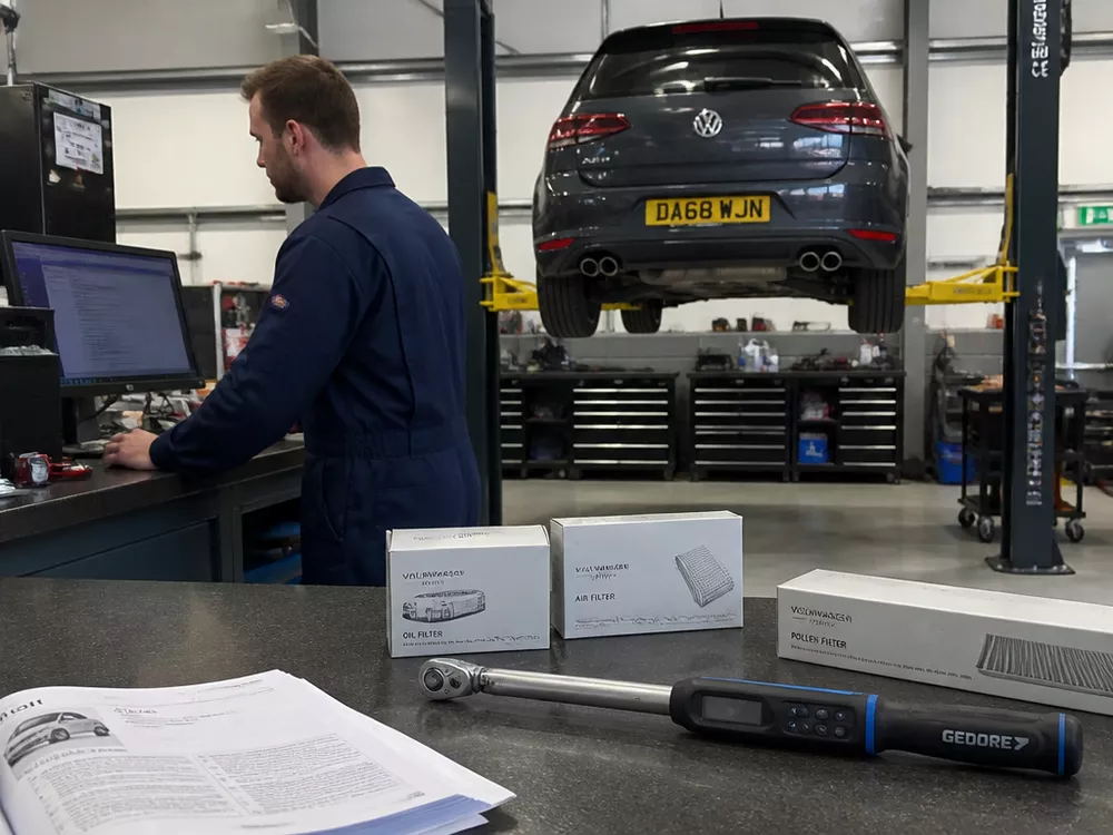 UK automotive mechanic logging digital service records on a workshop computer alongside genuine manufacturer replacement parts