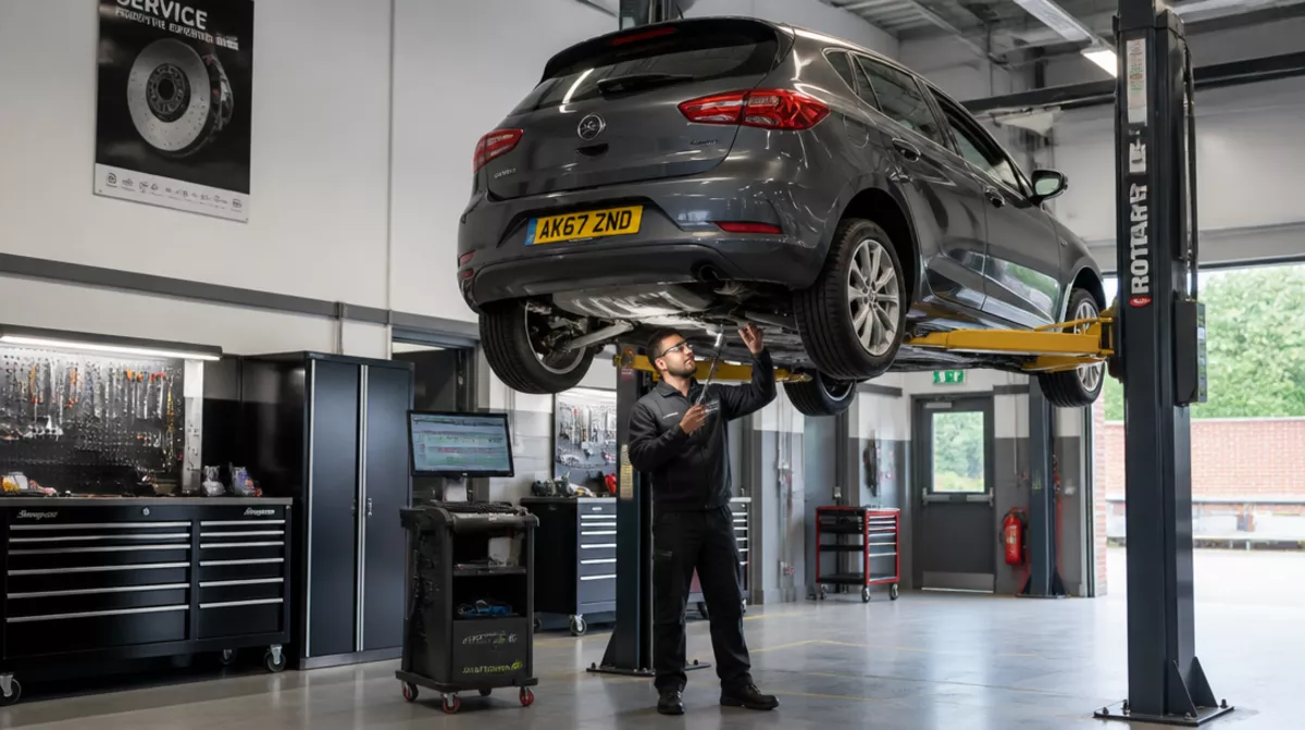 Certified automotive technician performing vehicle maintenance inspection in a modern UK garage workshop