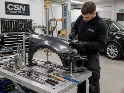 Car bodyshop technician repairing damaged vehicle panelwork