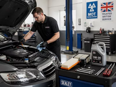 Technician carrying out full vehicle servicing and fluid maintenance