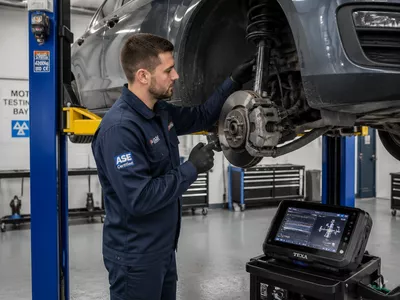 Mechanic servicing vehicle brakes and suspension components in a UK garage