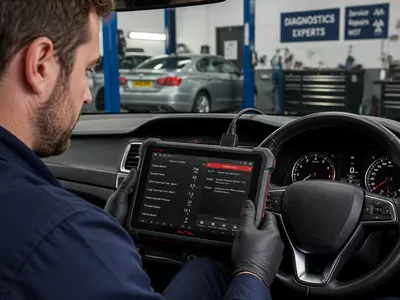 Vehicle electronic diagnostics scanner checking engine management system